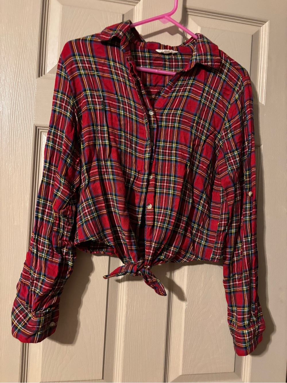 Sim & Sam super soft flannel Red Plaid Tie-Front Button-Up Shirt